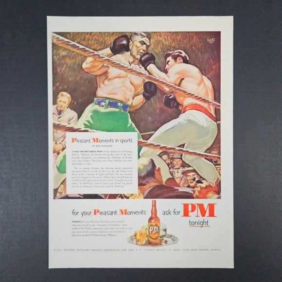 1951 PM Pleasant Moments Blended Whiskey Vintage Print Ad Boxer Sullivan Corbett - Picture 1 of 6